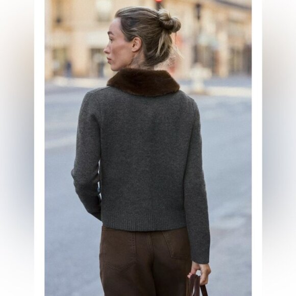 Zara FAUX FUR LAPEL KNIT CARDIGAN - Picture 8 of 9